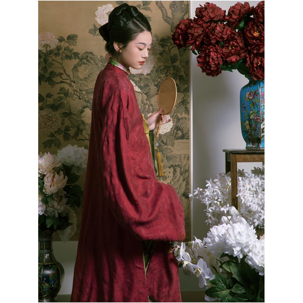 Poetry shoulder slim transparent vertical collar straight sleeves Tencel dark patterned jacquard long shirt ten mile spring breeze silk horse face image 2
