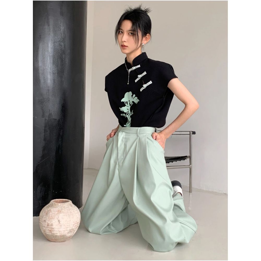 New Chinese style fashionable women s clothing set for spring and summer 2024 New Chinese style button up shirt with temperament and pants two piece set image 2