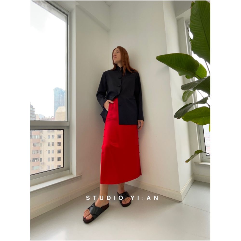 STUDIO YI AN Red Chinese style slit long skirt image 4