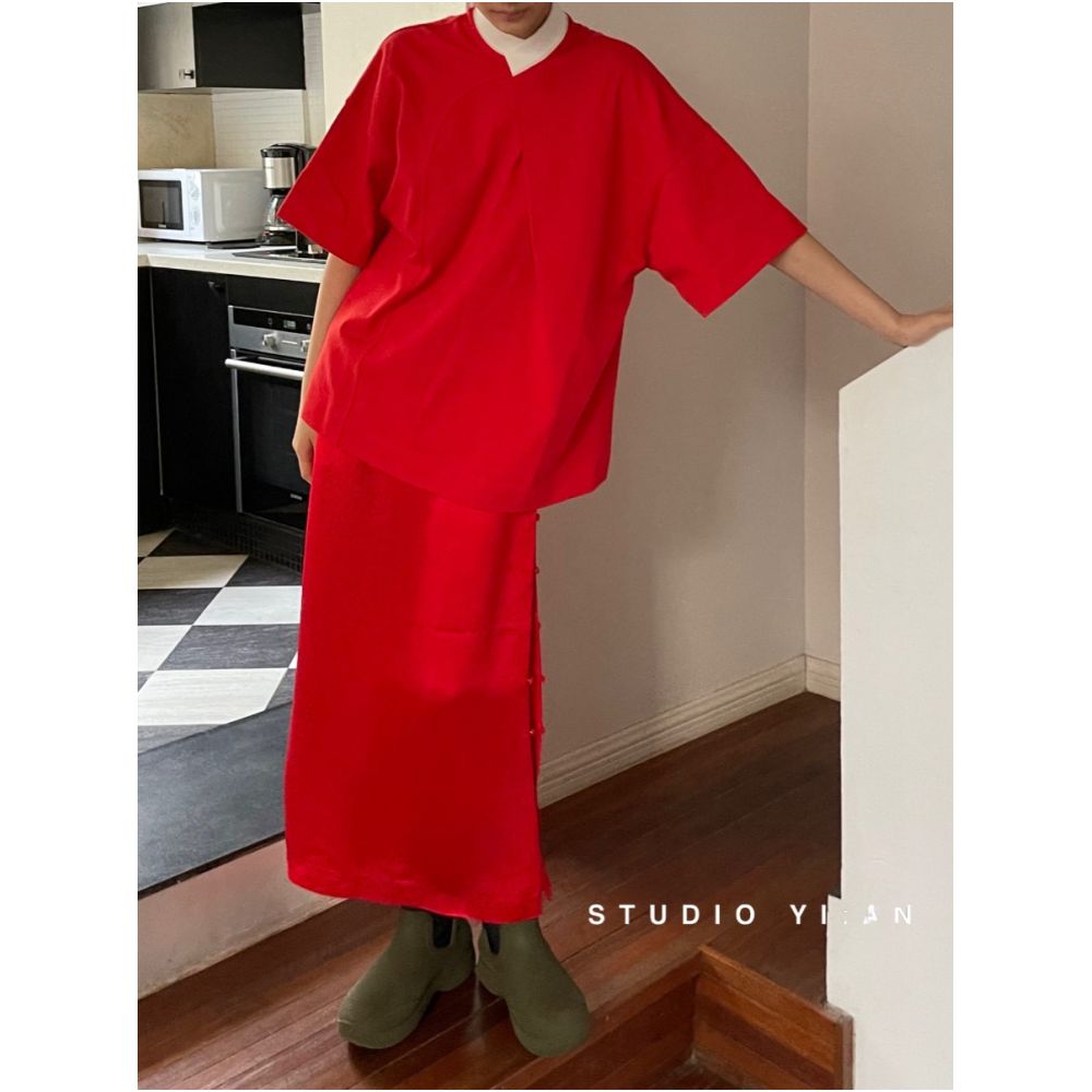STUDIO YI AN Red Chinese style slit long skirt image 5