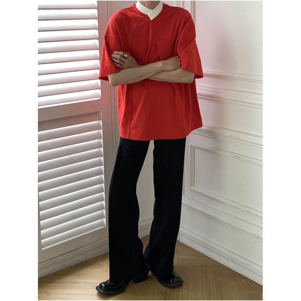 STUDIO YI AN Chinese style stand up collar red curved T shirt for both men and women summer loose short sleeved shirt image 3