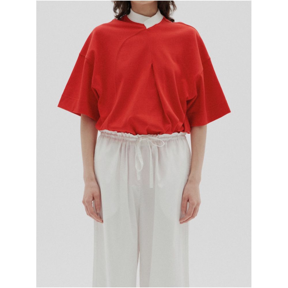 STUDIO YI AN Chinese style stand up collar red curved T shirt for both men and women summer loose short sleeved shirt image 0