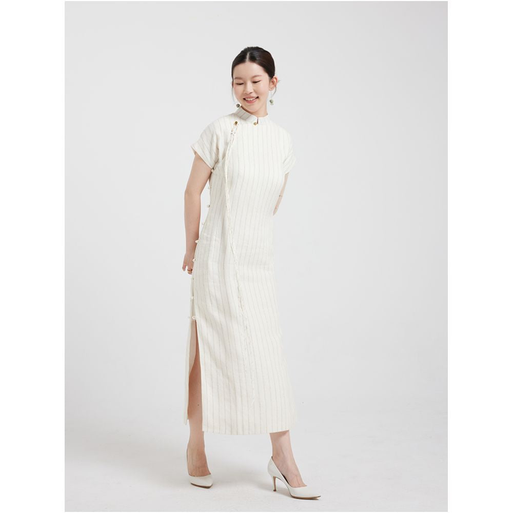 Original Qipao by Wang Futian Zen inspired imported linen handmade tassel long sleeveless ancient style qipao image 2