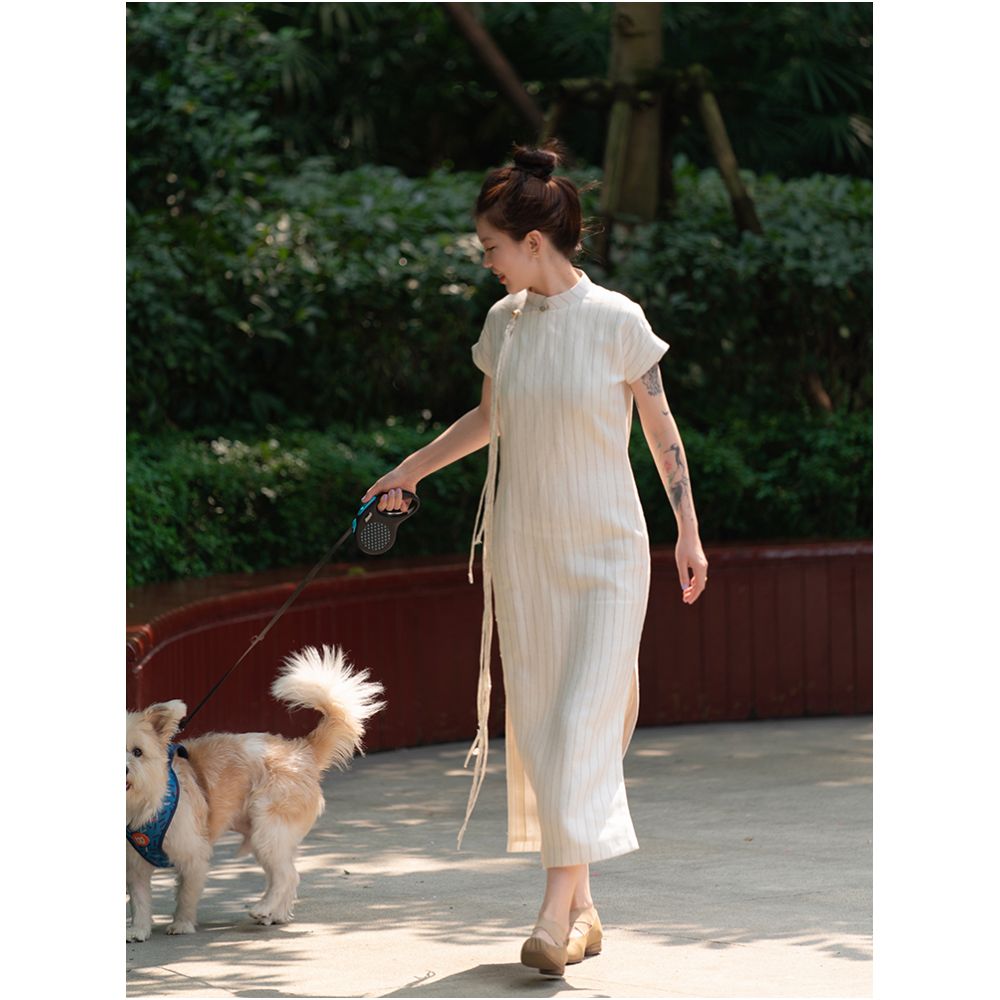 Original Qipao by Wang Futian Zen inspired imported linen handmade tassel long sleeveless ancient style qipao image 5