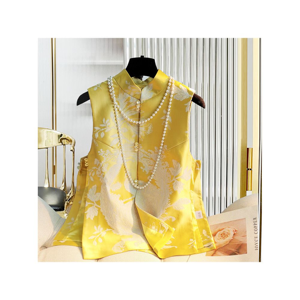 Yellow Retro Chinese Vest Women s Autumn Dress Improved Cheongsam Jacquard Silk Slimming Tank Top Camry Shoulder Chinese Style Tang Dress image 2