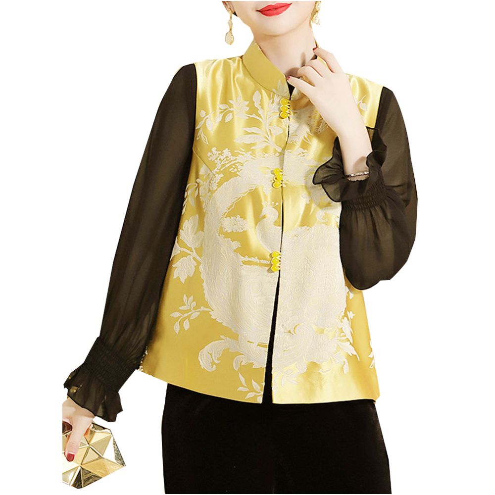 Yellow Retro Chinese Vest Women s Autumn Dress Improved Cheongsam Jacquard Silk Slimming Tank Top Camry Shoulder Chinese Style Tang Dress image 5