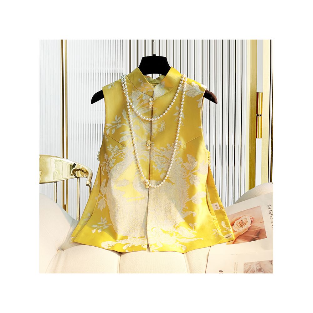 Yellow Retro Chinese Vest Women s Autumn Dress Improved Cheongsam Jacquard Silk Slimming Tank Top Camry Shoulder Chinese Style Tang Dress image 0