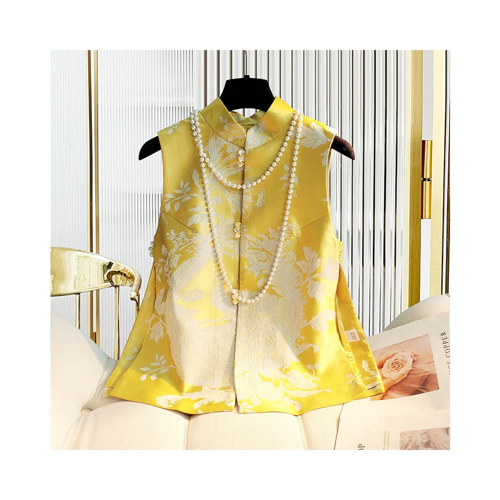 Yellow Retro Chinese Vest Women s Autumn Dress Improved Cheongsam Jacquard Silk Slimming Tank Top Camry Shoulder Chinese Style Tang Dress image 26