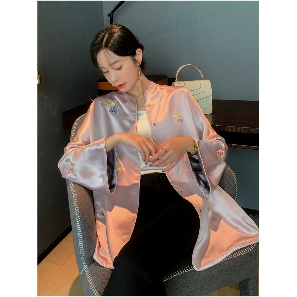 New Chinese style artistic retro loose jacket acetate satin with double sided puncture embroidery Tang style Hanfu spring outer outfit women s top image 2