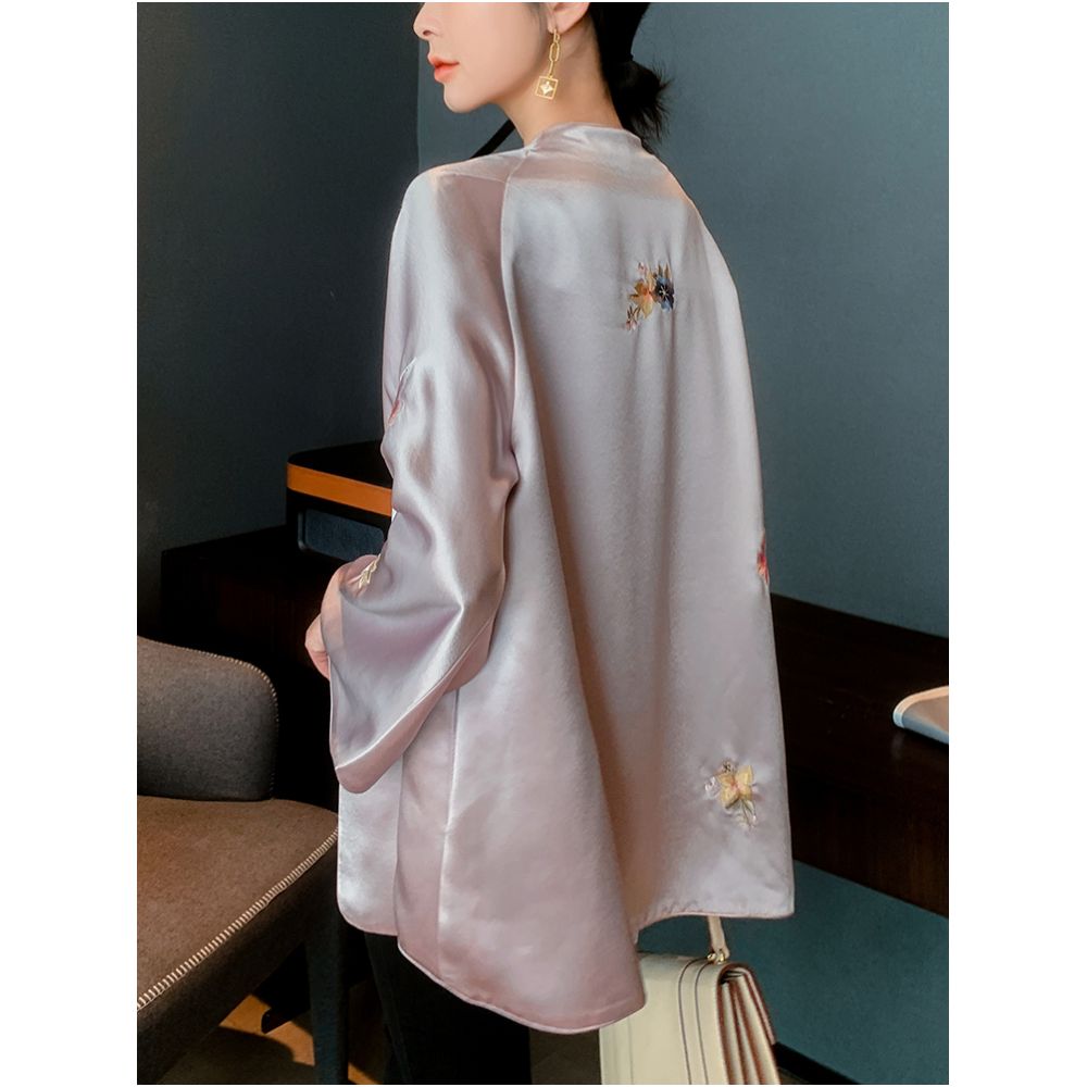 New Chinese style artistic retro loose jacket acetate satin with double sided puncture embroidery Tang style Hanfu spring outer outfit women s top image 4