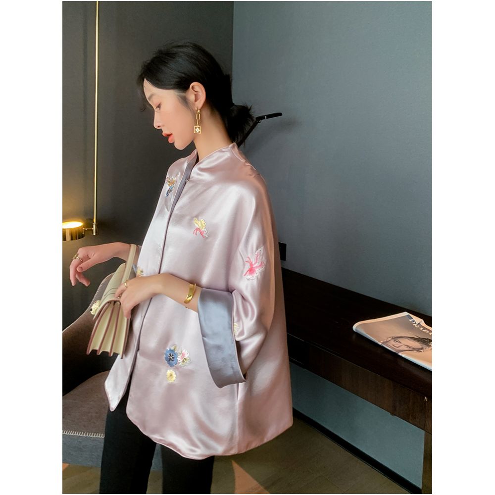 New Chinese style artistic retro loose jacket acetate satin with double sided puncture embroidery Tang style Hanfu spring outer outfit women s top image 0