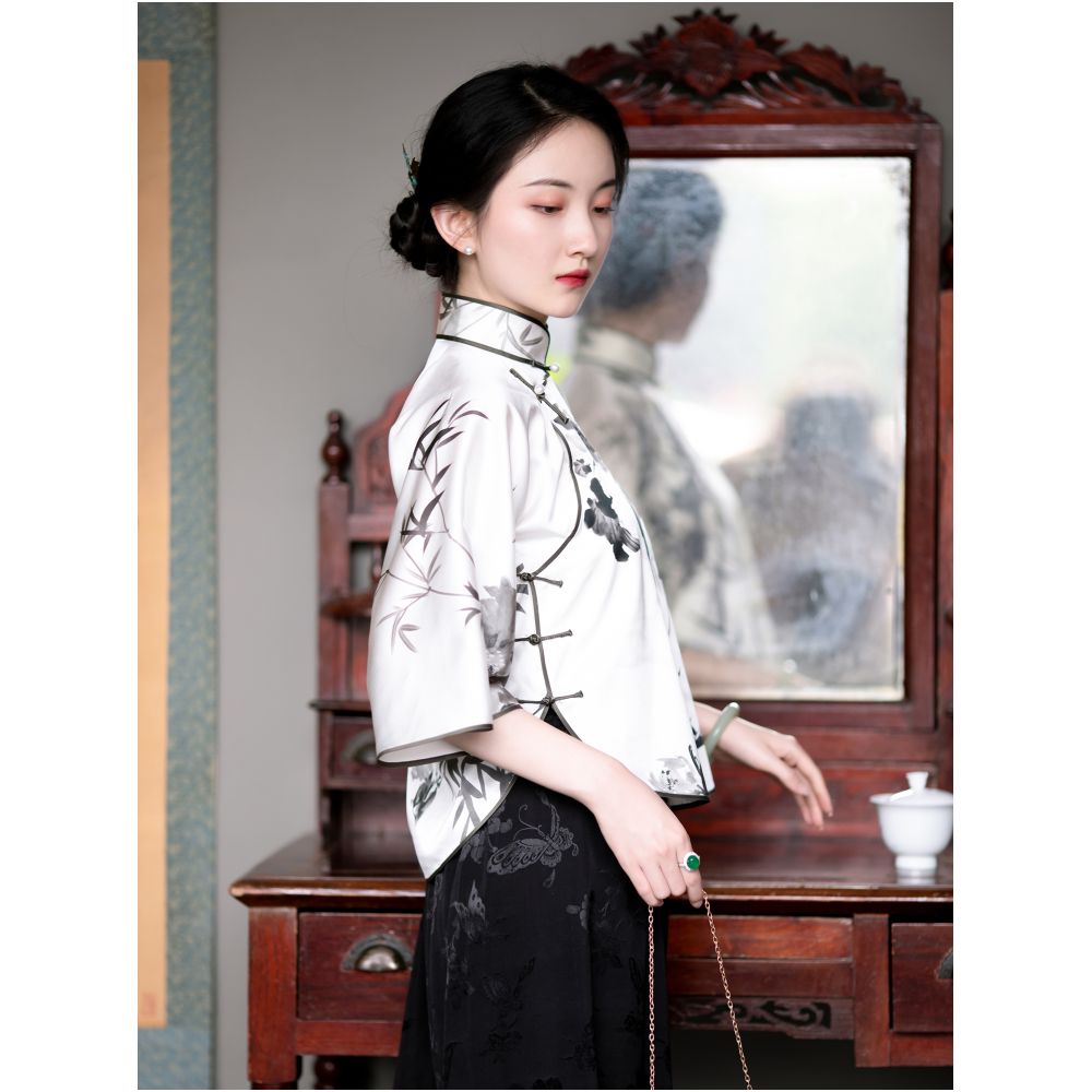 Ink Fragrance Spring and Autumn Silk Mulberry Silk Ink Printing Chinese Retro Republican Style Inverted Big Sleeve Top for Women Short image 2