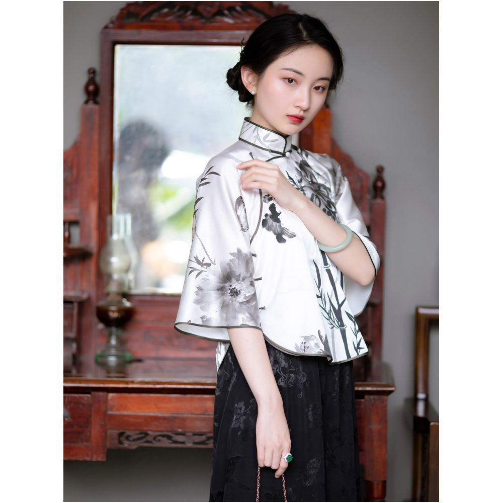 Ink Fragrance Spring and Autumn Silk Mulberry Silk Ink Printing Chinese Retro Republican Style Inverted Big Sleeve Top for Women Short image 3