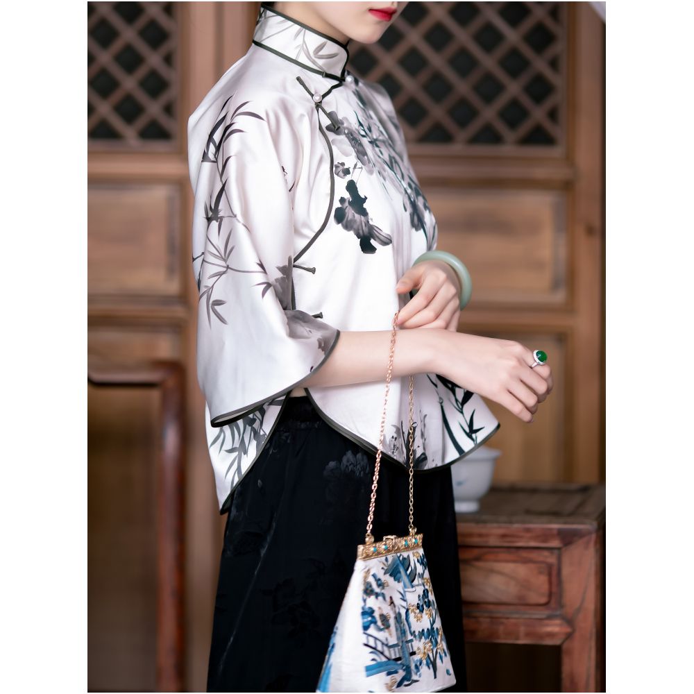 Ink Fragrance Spring and Autumn Silk Mulberry Silk Ink Printing Chinese Retro Republican Style Inverted Big Sleeve Top for Women Short image 4