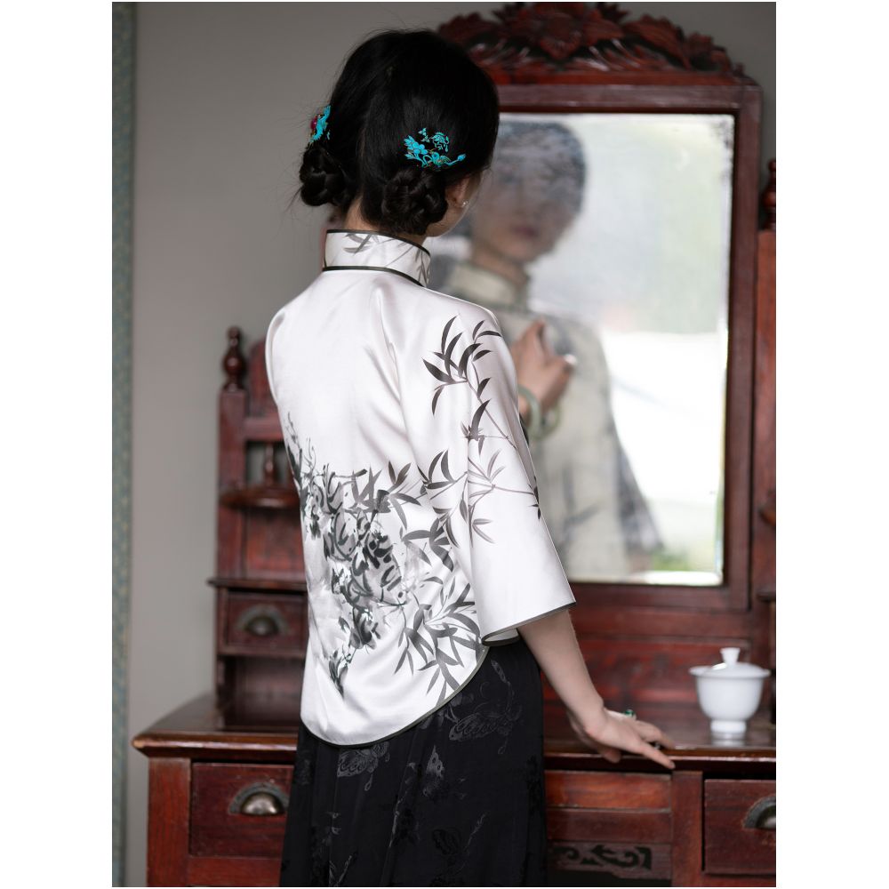 Ink Fragrance Spring and Autumn Silk Mulberry Silk Ink Printing Chinese Retro Republican Style Inverted Big Sleeve Top for Women Short image 5