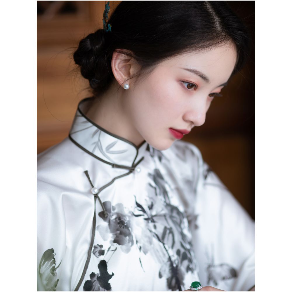 Ink Fragrance Spring and Autumn Silk Mulberry Silk Ink Printing Chinese Retro Republican Style Inverted Big Sleeve Top for Women Short image 0