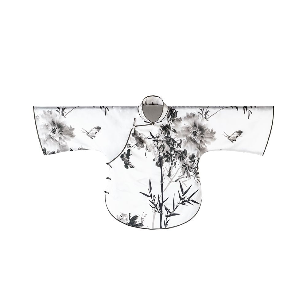 Ink Fragrance Spring and Autumn Silk Mulberry Silk Ink Printing Chinese Retro Republican Style Inverted Big Sleeve Top for Women Short image 6