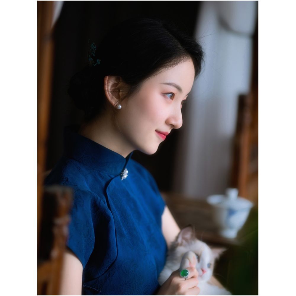 Indigo Room A City of Winds Silk Retro Xiangyunsha Republic of China Style Short Sleeve Waist Cheongsam Daily Fashion Women image 4