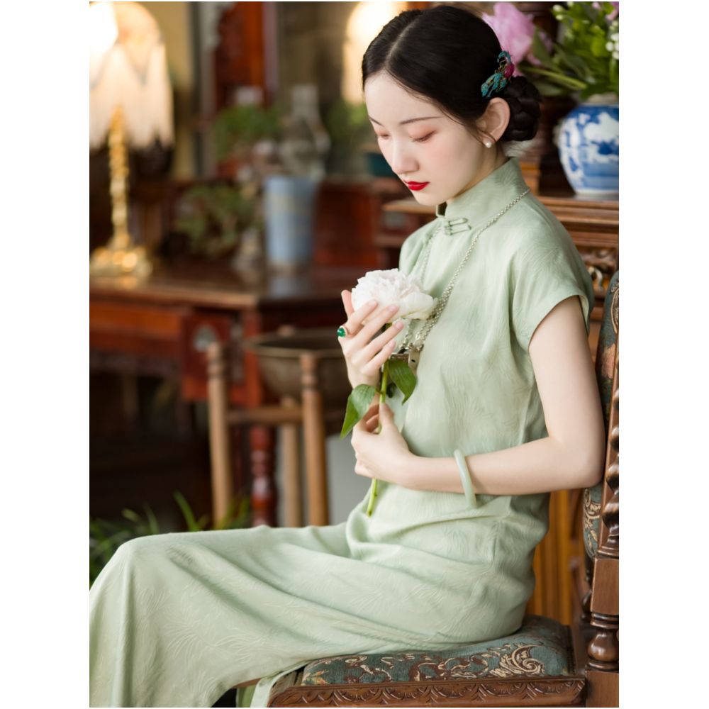 Ruoyu One City Style Plush Retro Chinese Republican Style Student Youth Daily Shoulder Sleeve Short Cheongsam Skirt Original image 1