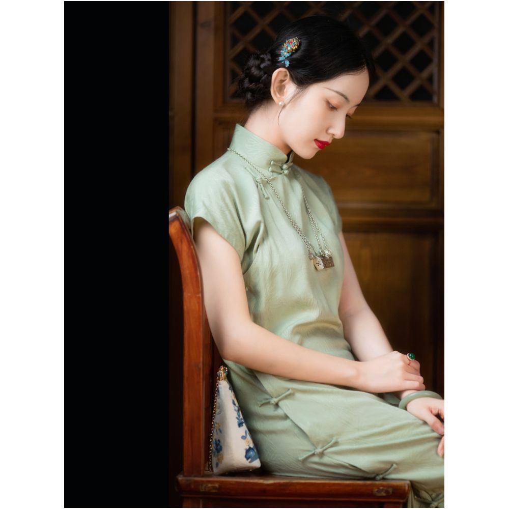 Ruoyu One City Style Plush Retro Chinese Republican Style Student Youth Daily Shoulder Sleeve Short Cheongsam Skirt Original image 3