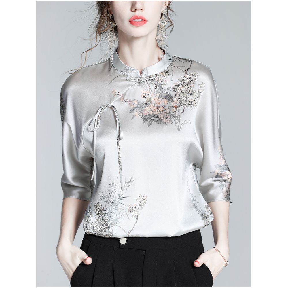 Chinese style silk shirt women s 2025 early autumn new high end luxury brand mulberry silk Chinese style button up collar top image 1