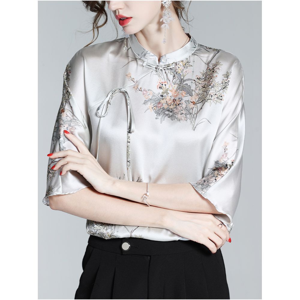 Chinese style silk shirt women s 2025 early autumn new high end luxury brand mulberry silk Chinese style button up collar top image 3