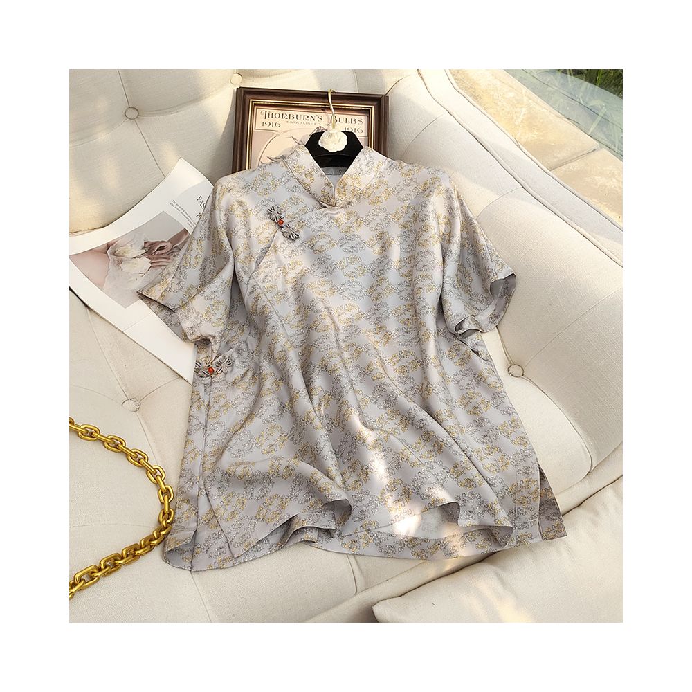 Silk Chinese style top for women retro Chinese style handmade buckle new Chinese style shirt short sleeved top mulberry silk T image 1
