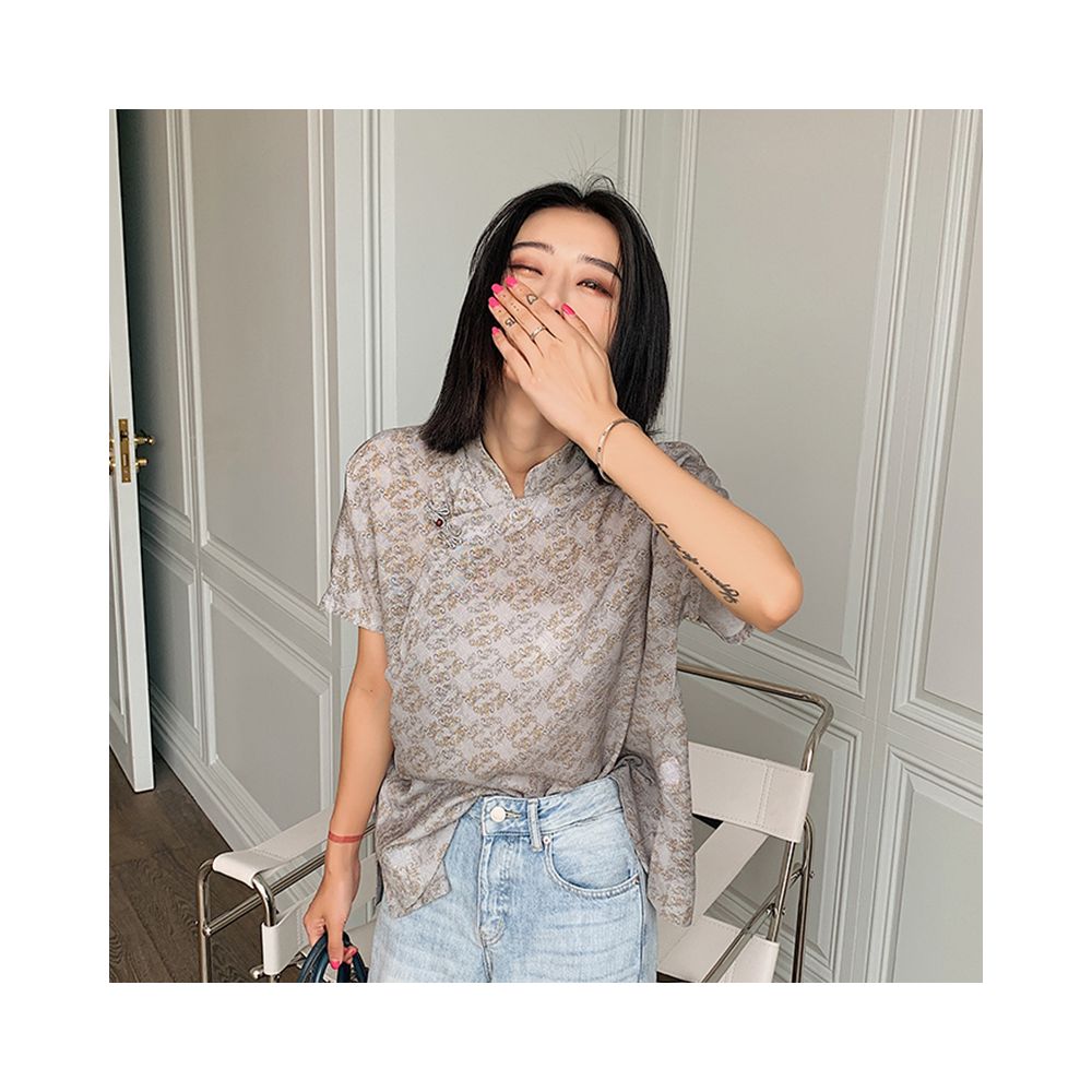 Silk Chinese style top for women retro Chinese style handmade buckle new Chinese style shirt short sleeved top mulberry silk T image 3