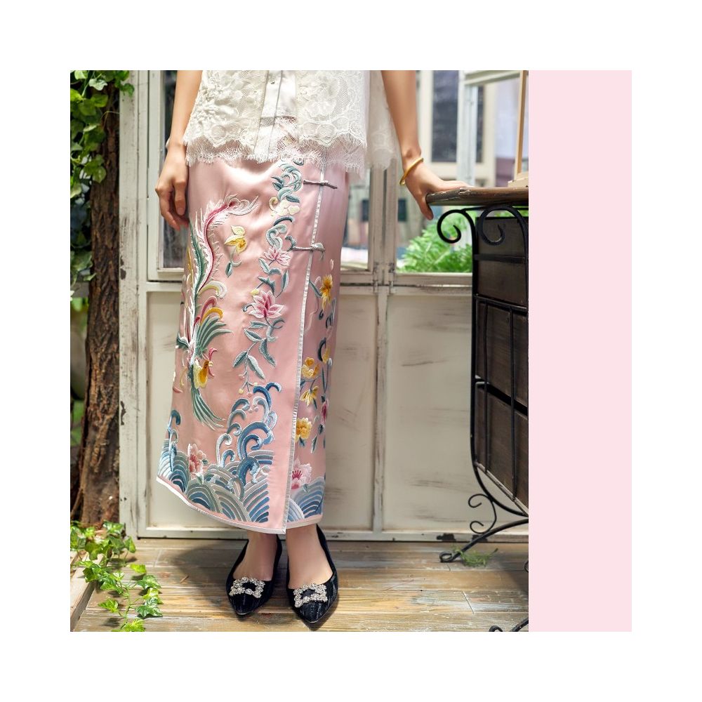 Asaya388 - Spring and Autumn Heavy Industry Phoenix Embroidery Delicate Pink Chinese Half body Hip Wrapping Skirt Long Skirt Four Seasons