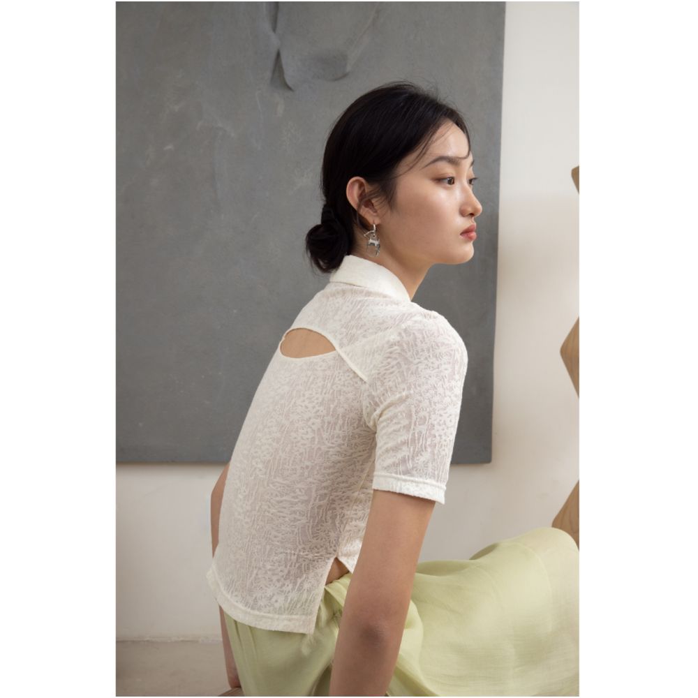 SALE6 Blue Dot Original Designer Chinese style placket slim fit knitted hollow short sleeved T shirt image 3