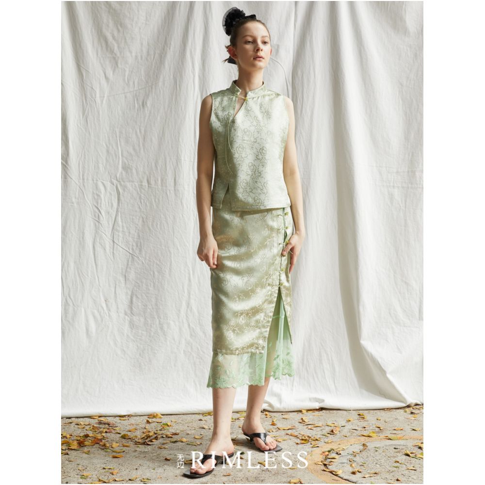 RIMLESS Unlimited Original Custom Vine Jacquard Improved Cheongsam Set with Small Stand up Collar Top and Splicing Half Skirt image 1