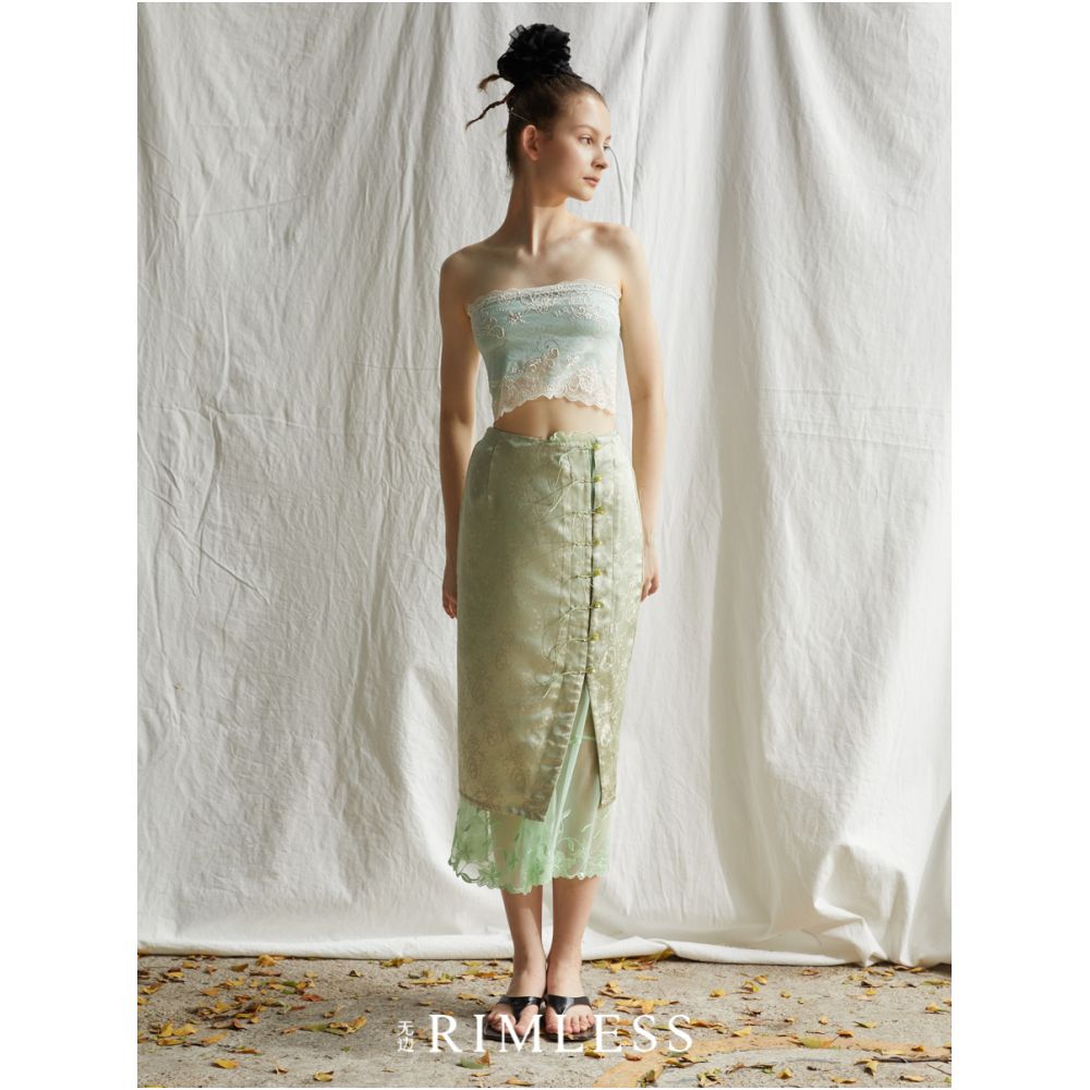 RIMLESS Unlimited Original Custom Vine Jacquard Improved Cheongsam Set with Small Stand up Collar Top and Splicing Half Skirt image 5