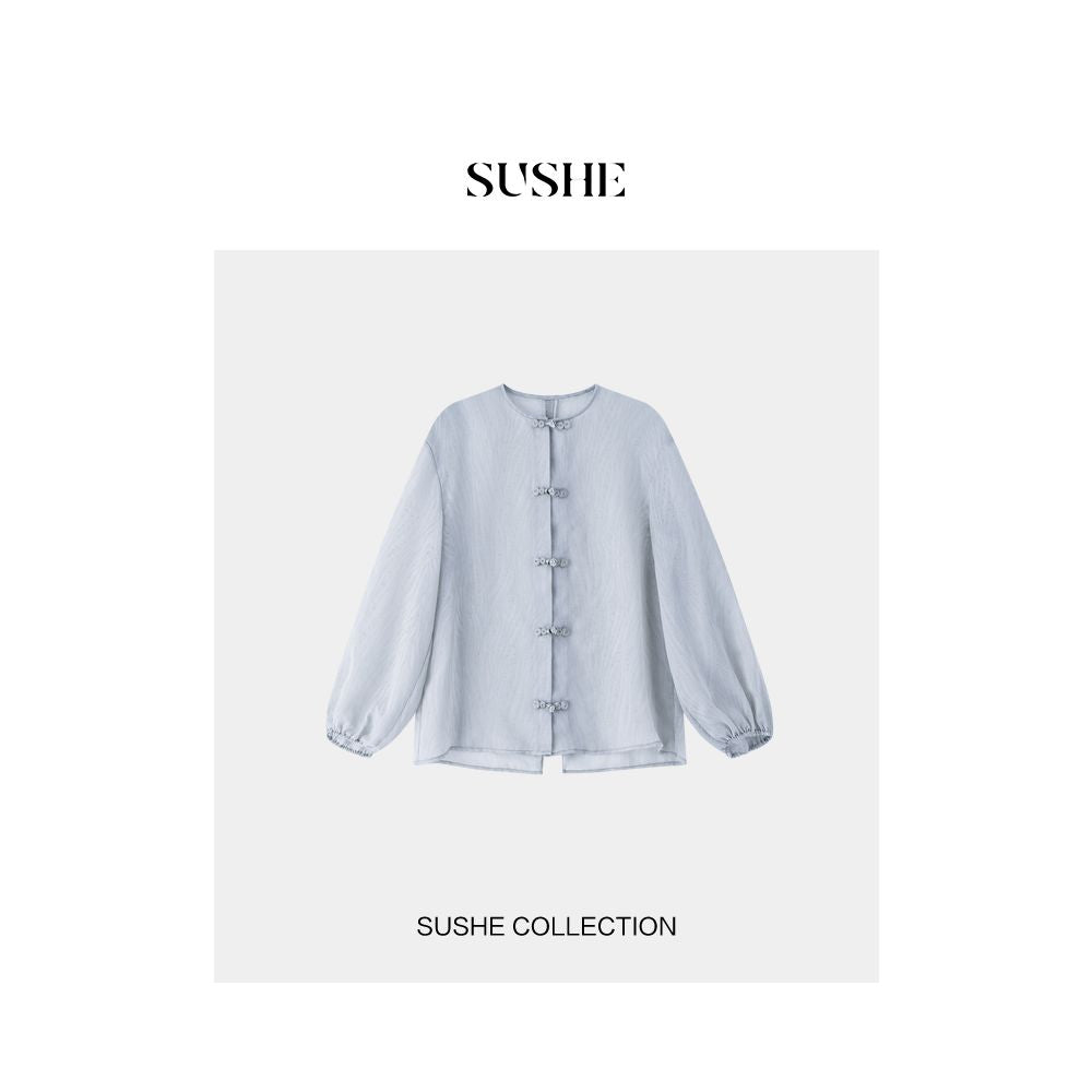 Asaya352 - New Chinese style series drawstring SUSHE buckle back hollow details Republic of China style casual cardigan women s summer