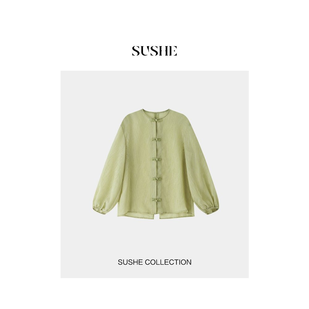 Asaya352 - New Chinese style series drawstring SUSHE buckle back hollow details Republic of China style casual cardigan women s summer