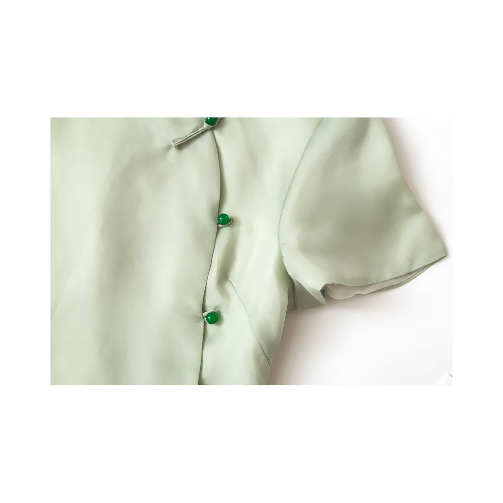 Chinese style silk embroidery short sleeved women s Chinese style jade button green horseclip slim fit short top T shirt women s clothing image 4