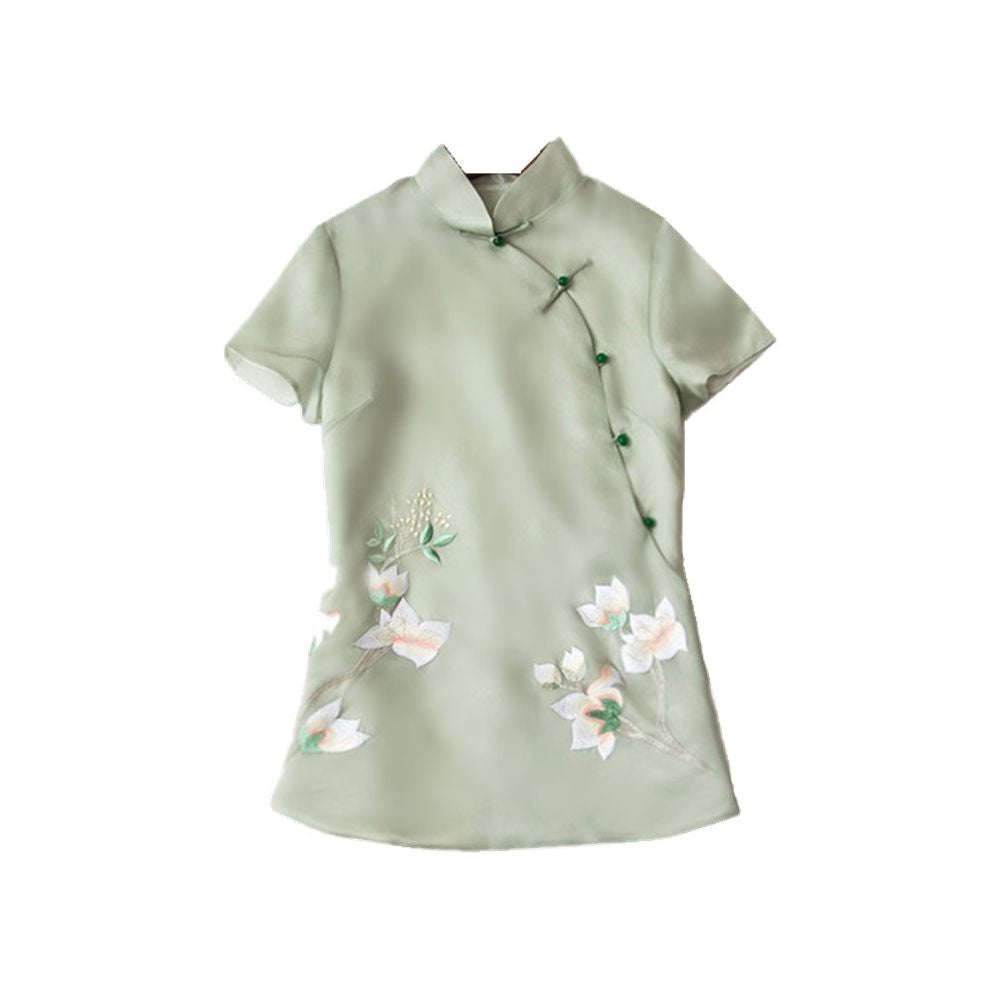Chinese style silk embroidery short sleeved women s Chinese style jade button green horseclip slim fit short top T shirt women s clothing image 5