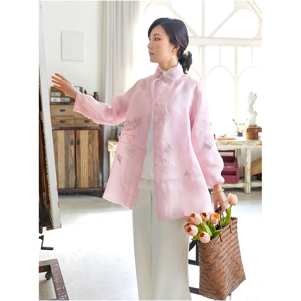 Asaya339 - Silk Eugen Yarn Lantern Sleeves with Western Style New Chinese Retro Embroidery Anti Spring and Summer