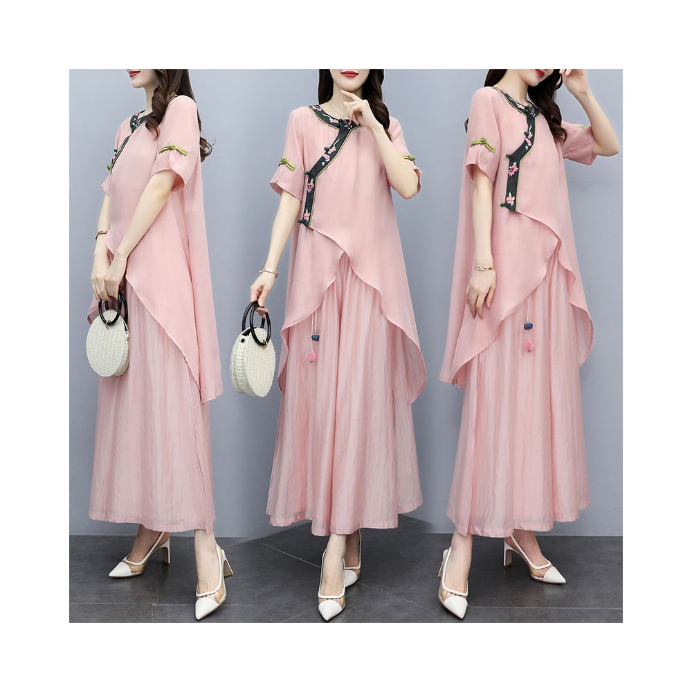 2025 Summer New Women s Clothing Pink Embroidered New Chinese Mother s Clothing Two Piece Set Wide Leg Pants Set Fashion Set image 2