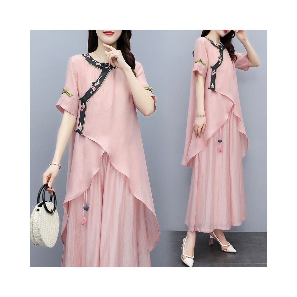 2025 Summer New Women s Clothing Pink Embroidered New Chinese Mother s Clothing Two Piece Set Wide Leg Pants Set Fashion Set image 4