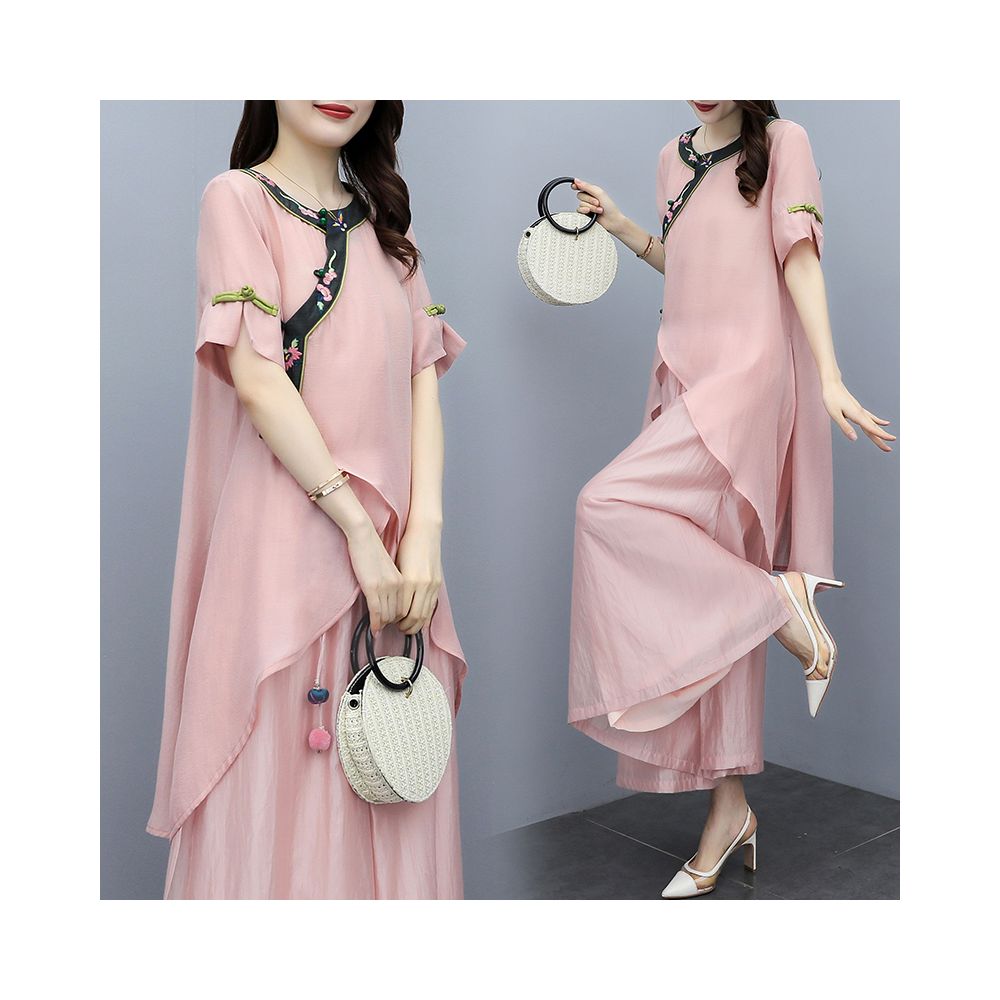 2025 Summer New Women s Clothing Pink Embroidered New Chinese Mother s Clothing Two Piece Set Wide Leg Pants Set Fashion Set image 5
