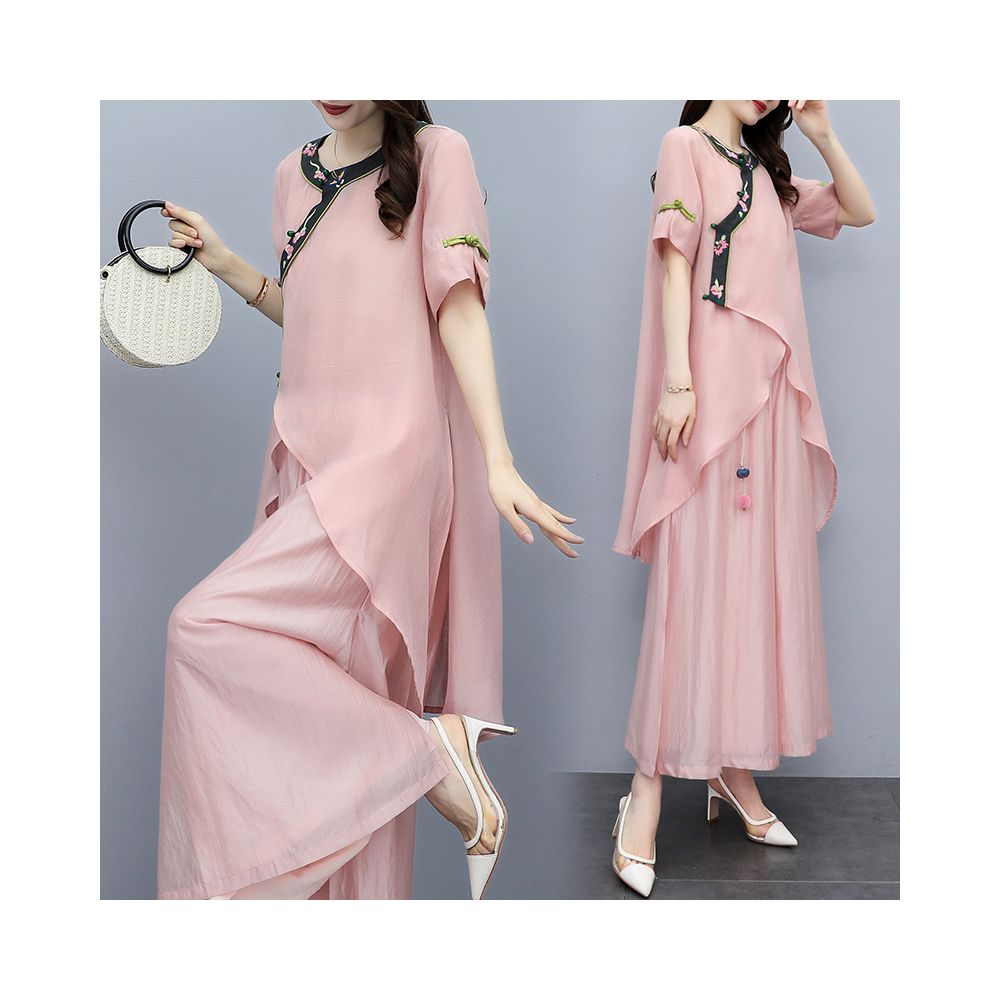 2025 Summer New Women s Clothing Pink Embroidered New Chinese Mother s Clothing Two Piece Set Wide Leg Pants Set Fashion Set image 0