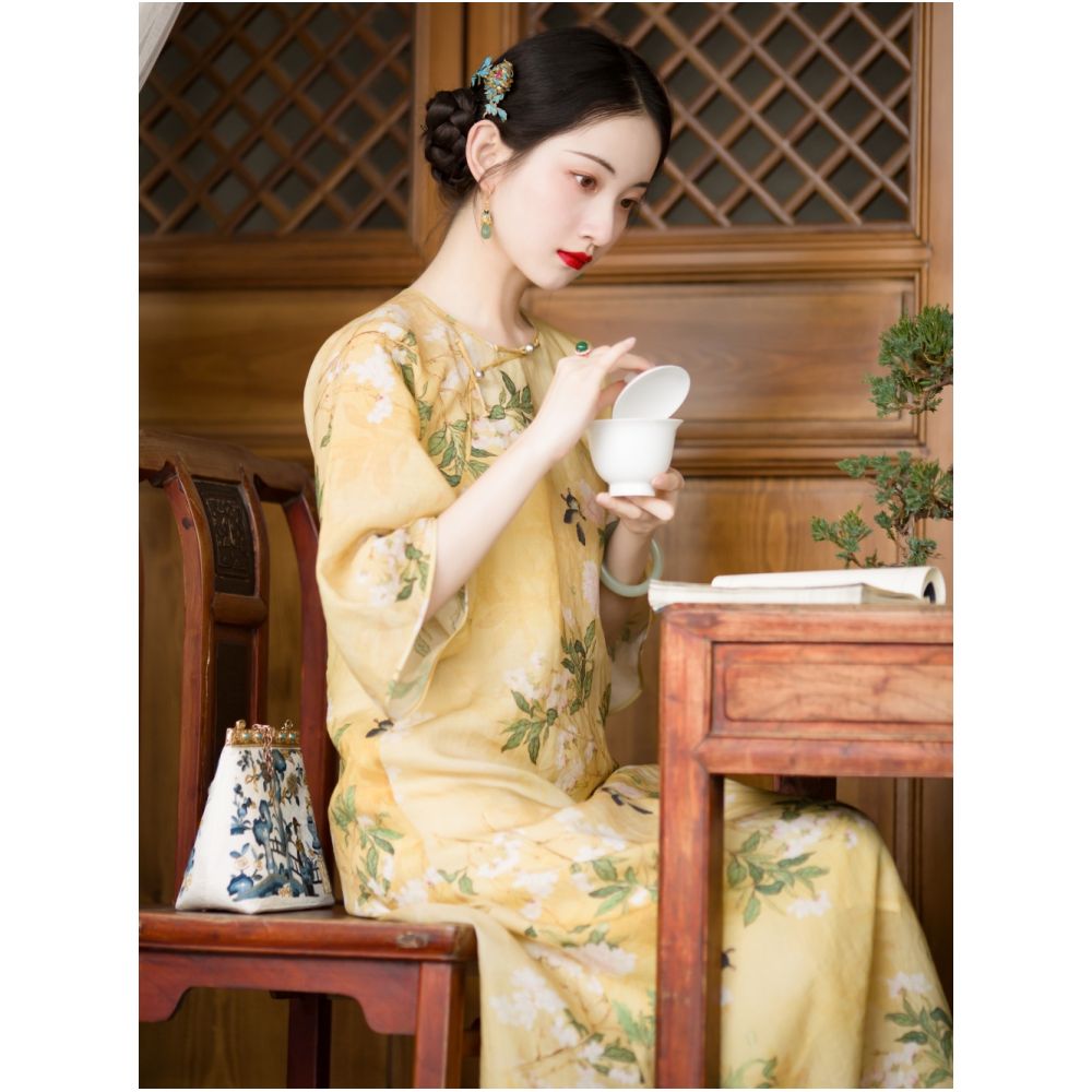 Spring shirt dyeing One city style fluff Chinese Republican style daily lazy and loose collarless cheongsam skirt with large inverted sleeves original image 2