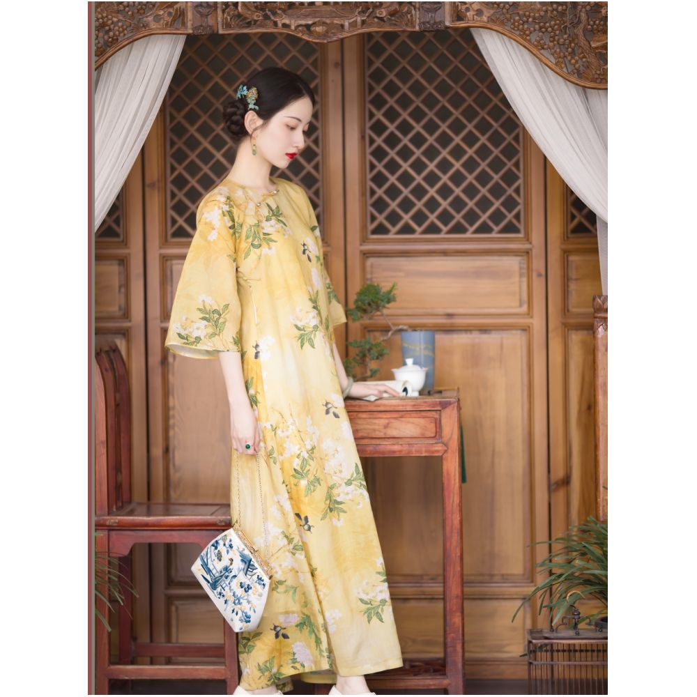 Spring shirt dyeing One city style fluff Chinese Republican style daily lazy and loose collarless cheongsam skirt with large inverted sleeves original image 0