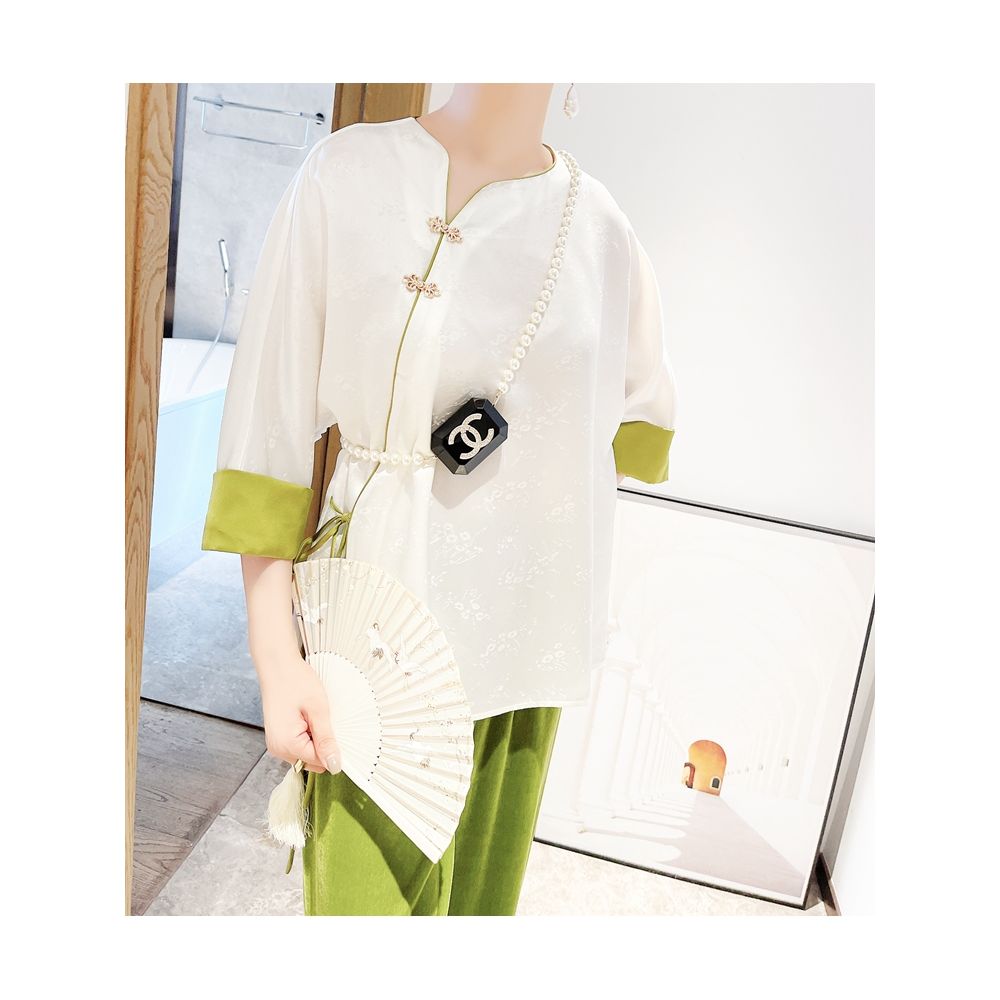 Classical charm and national style Heavy duty acetate satin plate buckle jacquard shirt for women s new Chinese style top white K2913 image 2