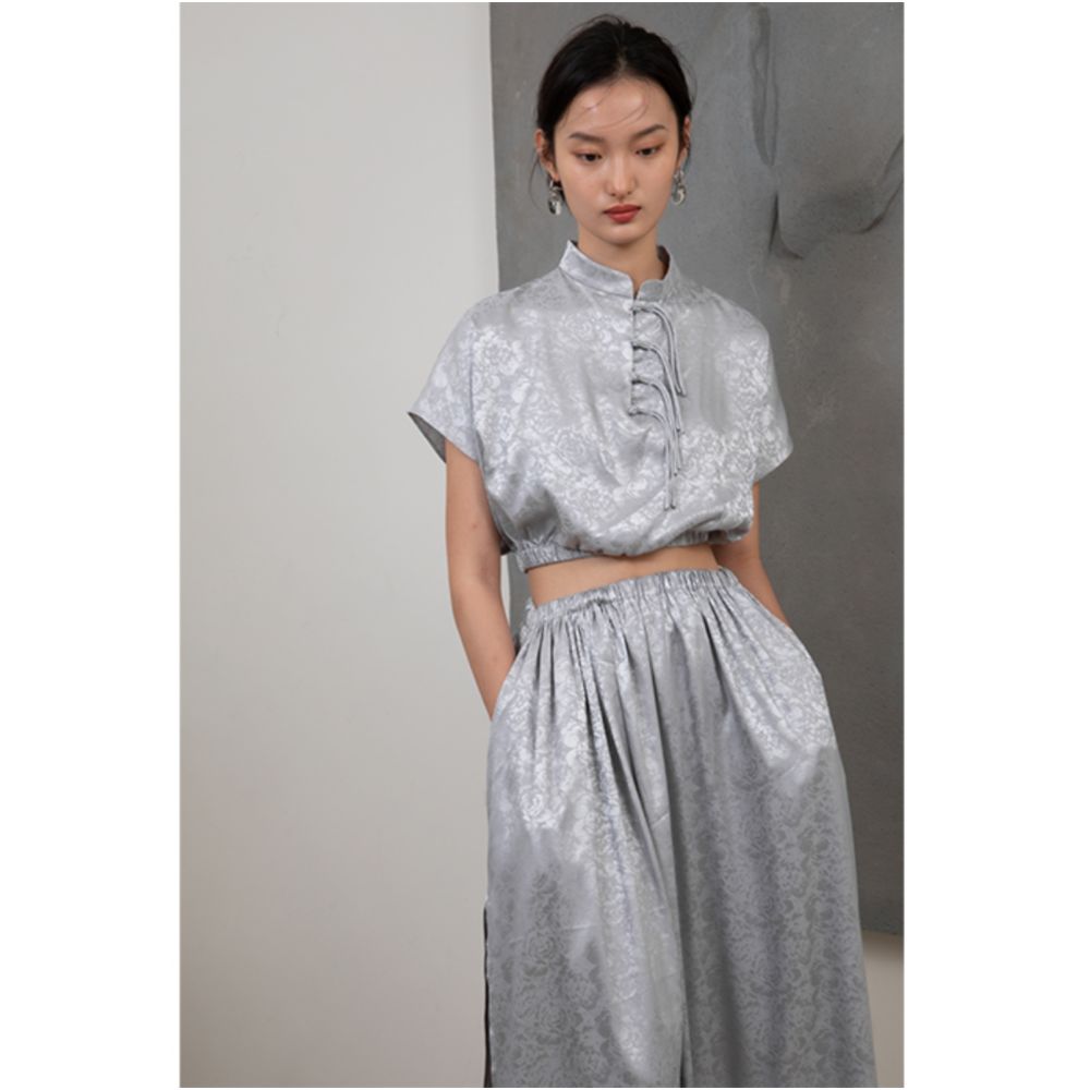 PaleBlueDot Summer Fashion Designer Silver Jacquard Buckle Stand up Collar Set Skirt image 10