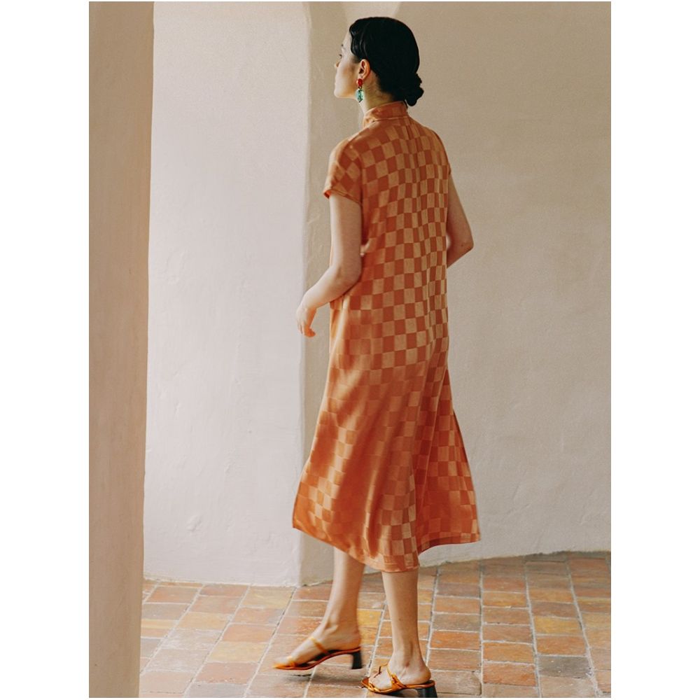 PaleBlueDot Blue Dot New Chinese style Acetic Acid Checkerboard Dress Women s Summer Improved Handmade Cheongsam Skirt image 3