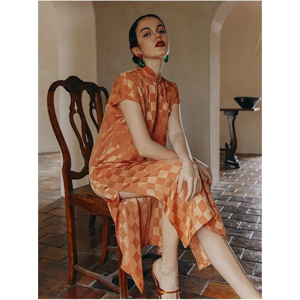 PaleBlueDot Blue Dot New Chinese style Acetic Acid Checkerboard Dress Women s Summer Improved Handmade Cheongsam Skirt image 5