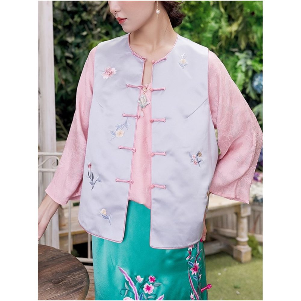 Town Store Baby CPP951 Young New Chinese Round Neck Jade Buckle Retro Embroidery Flower Double breasted Vest Spring and Autumn Shoulder image 0