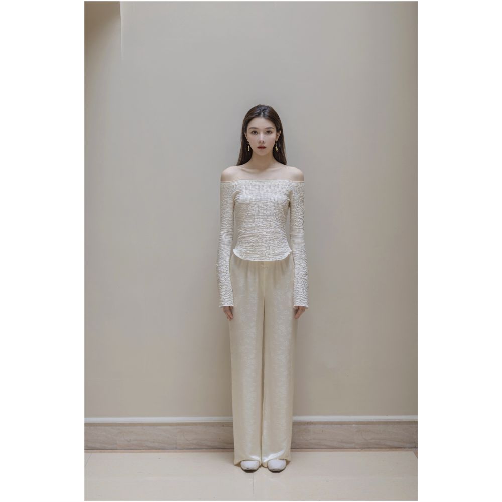 SAKINAWANG21SS original silk beige jacquard Chinese style buckle elastic waist wide leg pants long pants straight tube image 0