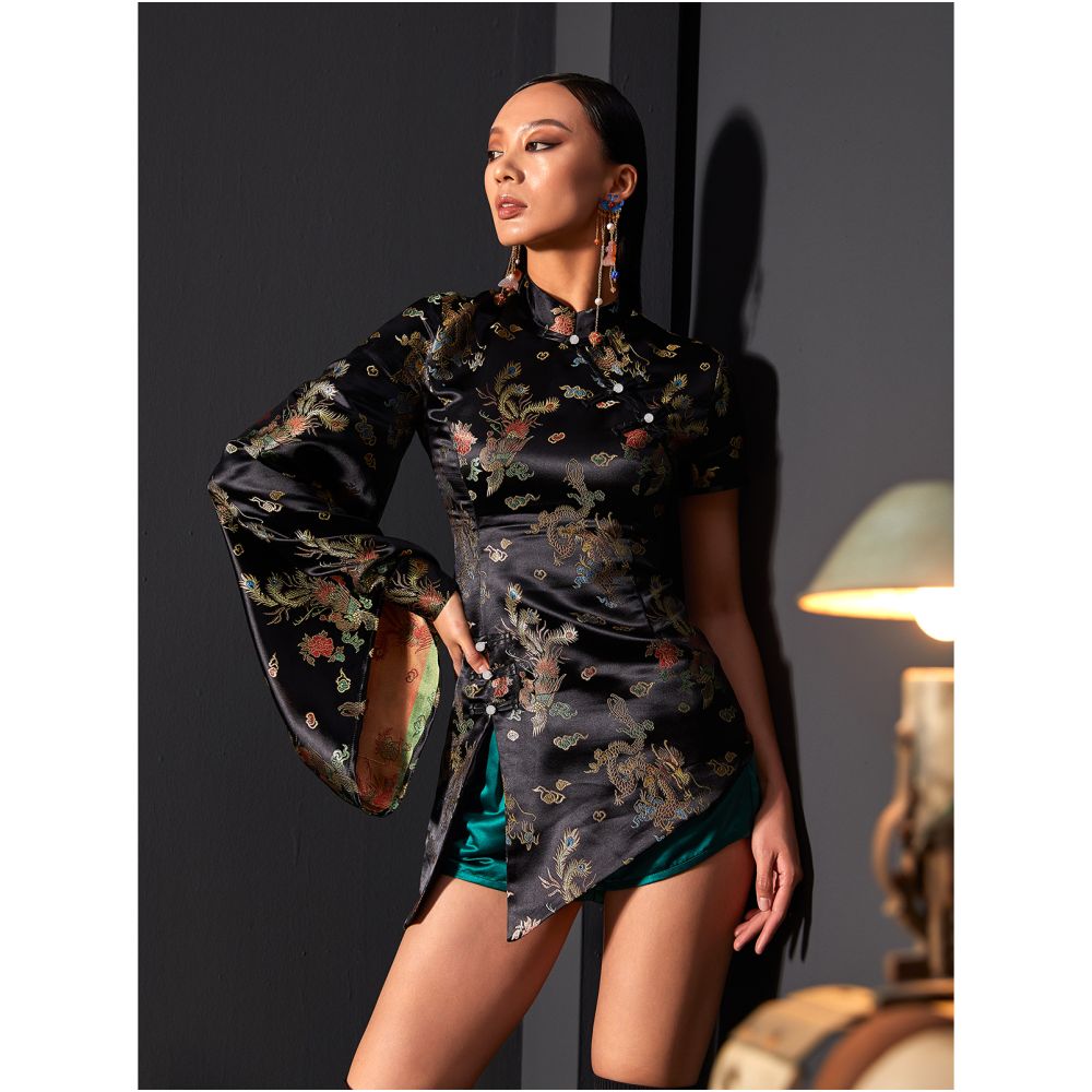 Jiro 2024 Original Unique Design Style Store Mysterious Dark Series Asymmetric Swing Sleeve Slimming Cheongsam Top image 0